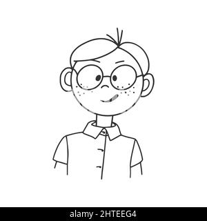 Dessin de contour d'un homme de dessin animé avec des lunettes. Doodle styleContour dessin d'un homme de dessin animé en lunettes avec des émotions sur son visage. Style Doodle Illustration de Vecteur