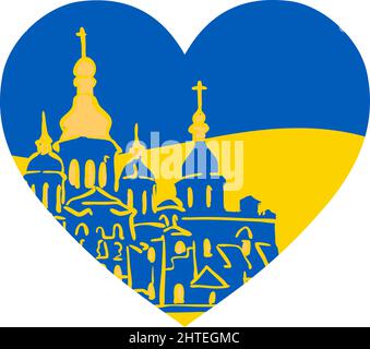 Les Tours d'or de Kiev en plein coeur. Symbole patriotique avec un monument historique. Icône de drapeau de vent ondulé. Drapeau bleu-jaune. Gloire à l'Ukraine. Symbole de paix.-Supp Illustration de Vecteur