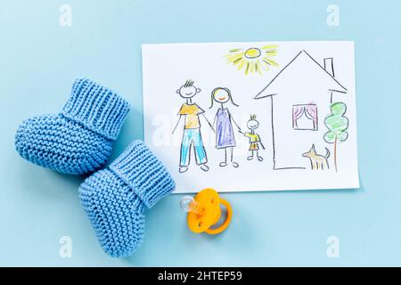 Papa maman et moi - dessin d'enfant. Concept d'adoption Banque D'Images