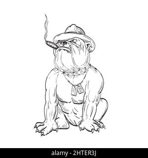 Illustration d'un sergeant de l'armée, un grand bouledogue portant un chapeau fumant un cigare et portant des étiquettes pour chien Banque D'Images
