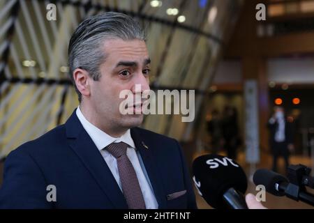 Bruxelles, Belgique. 28th févr. 2022. Le ministre Khashayar Farmanbar assiste à une réunion d'urgence pour discuter de la situation énergétique en Europe dans le contexte de l'invasion de l'Ukraine par la Russie, à Bruxelles, en Belgique, le 28 février 2022. Crédit: ALEXANDROS MICHAILIDIS/Alamy Live News Banque D'Images