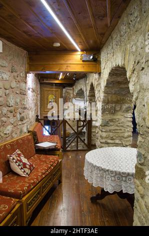 Meteora, Grèce, Monastère Saint d'AG. Ioannis Anapafsas , l'intérieur du monastère chrétien orthodoxe Banque D'Images