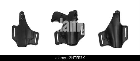 Étui en cuir pour pistolet. Accessoire pour le transport pratique et dissimulé d'armes. Vue de tous les côtés. Isoler sur un fond blanc. Banque D'Images