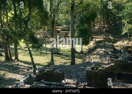 Vue sur le cimetière des ruines mayas de Copan, ruines de Copan, Honduras Banque D'Images