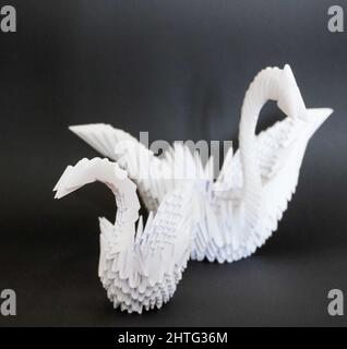 Gros plan de cygnes d'origami blanc sur un bureau noir Banque D'Images