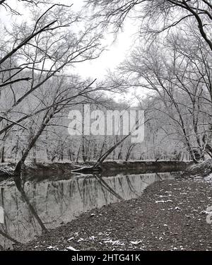 Une image en noir et blanc d'une plage rocheuse juste après une tempête d'hiver dans le Kentucky. Banque D'Images