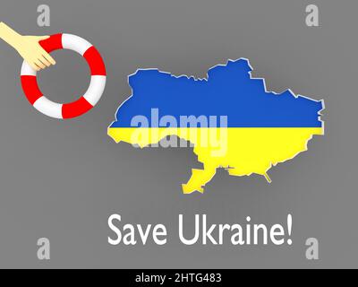 3D illustration d'une main tenant une ceinture de sauvetage, contour de l'Ukraine et le script Save Ukraine. Banque D'Images