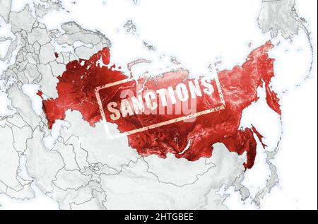 La Russie sur la carte du monde avec les frontières des pays. Timbre sanctions sur le territoire russe en Eurasie. Concept de guerre en Ukraine, crise, sanctions économiques, po Banque D'Images