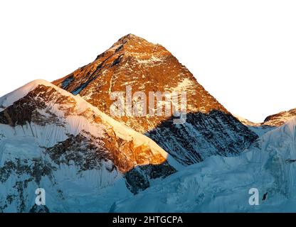 Mont everest isolé sur fond de ciel blanc, vue panoramique en soirée du Mont Everest vue de Kala Patthar, parc national Sagarmatha, mur de Khumbu Banque D'Images