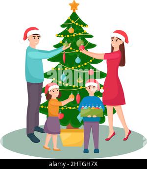 Une famille heureuse décorera l'arbre de Noël. Mère, père, fille et fils en chapeaux de Noël décorant sapin, illustration vectorielle Illustration de Vecteur