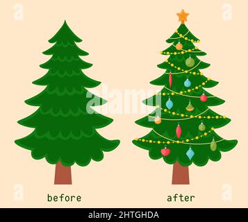 Arbre de Noël avant et après la décoration. Illustration vectorielle Illustration de Vecteur