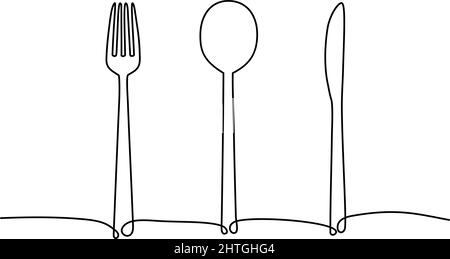 Dessin continu d'une ligne de la fourchette, de la cuillère et du couteau. Illustration vectorielle Illustration de Vecteur