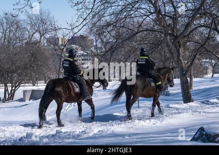 Montréal, CA - 26 février 2022 : patrouille d'agents de la police montée de la GRC sur le Mont-Royal Banque D'Images