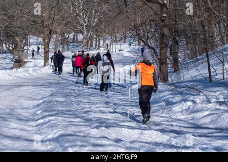 Montréal, CA - 26 février 2022 : personnes marchant ou skiant sur un sentier enneigé dans le parc du Mont-Royal de Montréal (Parc du Mont-Royal) après une tempête de neige. Banque D'Images