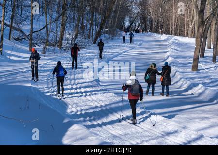 Montréal, CA - 26 février 2022 : personnes marchant ou skiant sur un sentier enneigé dans le parc du Mont-Royal de Montréal (Parc du Mont-Royal) après une tempête de neige. Banque D'Images