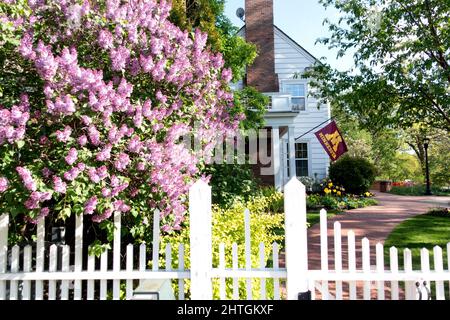 Président de la maison Eastcliff de l'Université du Minnesota avec drapeau, clôture blanche et arbre fruitier en fleurs. St Paul Minnesota MN États-Unis Banque D'Images