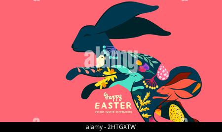 Motif lapin de pâques heureux décoré avec des éléments de printemps et de pâques. Illustration vectorielle. Illustration de Vecteur