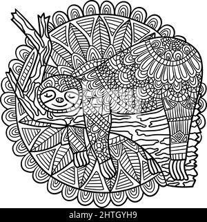 Sloth endormi sur Une branche Mandala coloriage pages Illustration de Vecteur