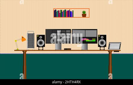 Mac pro Studio de montage vidéo avec deux moniteurs, haut-parleurs de référence stéréo et ordinateur portable Banque D'Images