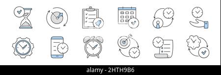 Gestion du temps doodle des icônes avec l'horloge, l'équipement et le calendrier. Vecteur symboles dessinés à la main de l'organisation du travail avec montre, alarme, sablier, téléphone, liste de contrôle et cible isolés sur fond blanc Illustration de Vecteur