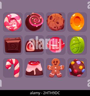 Jeu de bonbons icônes dessin animé vecteur ensemble. Bonbons dans les éléments d'interface utilisateur de slots. Caramel à rayures, pain d'épice, sucettes ou caramel, canne à sucre, bonbons au chocolat et biscuit croquant, praline avec garniture ou garniture Illustration de Vecteur