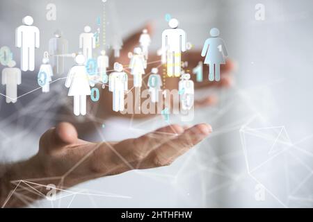 Homme tenant des icônes de personne - mise en réseau et concept de blockchain Banque D'Images