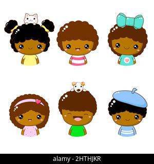 Collection de membre icône - mignon petite fille africaine et garçon. Ensemble de portrait utilisateur de kawaii. Personnages de dessin animé mignons. Collection bébé d'avatars avec enfant Illustration de Vecteur