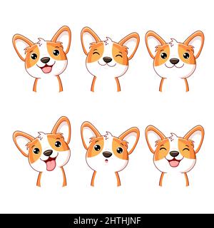 Ensemble de l'icône de membre kawaii. Joli chien de dessin animé. Collecte de bébé d'avatars avec chiot corgi. Corgi avec différentes émotions - drôle, heureux, surpris, stic Illustration de Vecteur