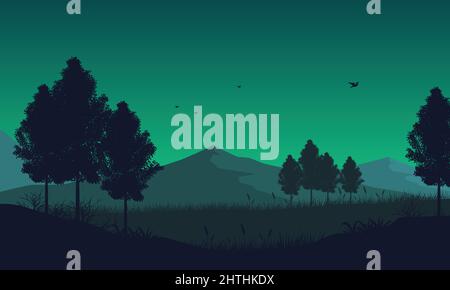 Esthétique silhouette agréable d'un panorama de montagne avec des sapins depuis le bord de la ville. Illustration vectorielle d'une ville Illustration de Vecteur