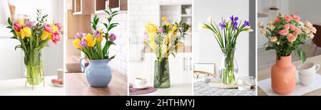 Vases avec de beaux bouquets de fleurs fraîches dans la cuisine Banque D'Images
