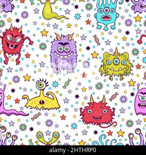 Joli motif monstre sans couture, imprimé personnages de dessin animé amusant, tissu, motif textile. Joyeuse et colorée, diverses créatures féeriques sur fond blanc wi Illustration de Vecteur