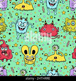 Joli motif monstre sans couture, imprimé personnages de dessin animé amusant, tissu, motif textile. Joyeuse et colorée, diverses créatures féeriques sur fond vert wi Illustration de Vecteur