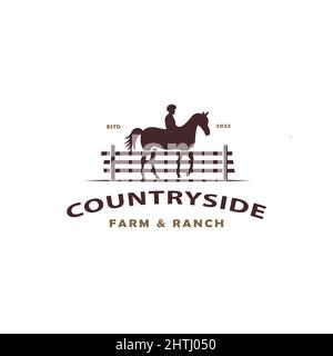 Silhouette de cheval équestre derrière une clôture en bois pour la campagne de l'Ouest rétro rural ranch logo design Illustration de Vecteur