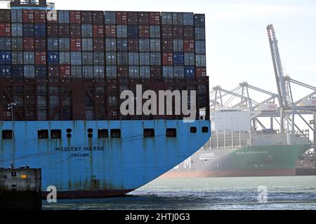 Rotterdam, pays-Bas. 23rd févr. 2022. Le bateau à conteneurs Magleby Maersk se trouve à l'embarcadère du port de Rotterdam Credit: Federico Gambarini/dpa/Alay Live News Banque D'Images