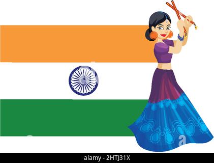 Une icône de drapeau indien avec une femme indienne dansant dans l'illustration traditionnelle de robe Illustration de Vecteur