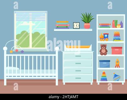 Intérieur de la chambre de bébé. Chambre pour bébé garçon, vecteur illustrateur Illustration de Vecteur