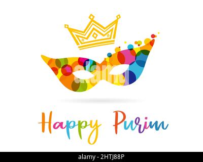 Masque Happy purim et confettis colorés. Modèle de conception graphique abstrait isolé. Happy Purim script juif, colord confetti, couronne de roi et c lumineux Illustration de Vecteur