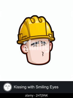 Icône d'un travailleur de la construction face avec Kissing avec les yeux souriants expression émotionnelle. Tous les éléments sont soigneusement présentés sur des couches et des groupes bien décrits. Illustration de Vecteur