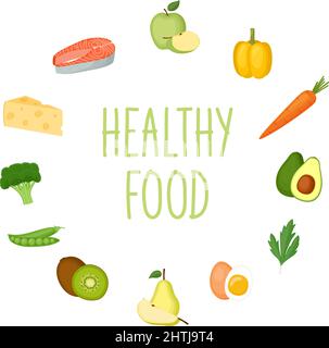 Une alimentation saine. Bannière motivante avec lettrage à la main. Légumes, fruits, produits sains. Illustration vectorielle Illustration de Vecteur