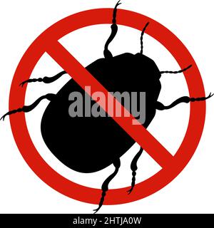 Anti-coléoptère du colorado, lutte antiparasitaire. Panneau d'arrêt des insectes. Silhouette du coléoptère de la pomme de terre du colorado dans un cercle rouge interdit, filtration vectorielle Illustration de Vecteur