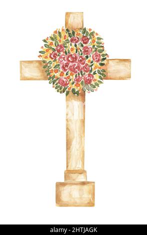 Croix de la falaise, Croix de bois chrétienne d'aquarelle, Croix de Baptême avec fleurs, bouquet floral, invitations de mariage, Esprit Saint, illustration religieuse Banque D'Images