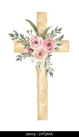 Croix de la falaise, Croix de bois chrétienne d'aquarelle, Croix de Baptême avec fleurs, bouquet floral, invitations de mariage, Esprit Saint, illustration religieuse Banque D'Images