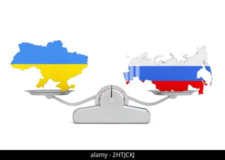 L'Ukraine et la Russie drapeau cartes équilibre sur une simple échelle de pondération sur un fond blanc. 3D rendu Banque D'Images