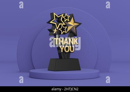 Trophée de récompense avec Golden Merci signer sur Violet très Peri cylindres produits étape piédestal sur un fond Violet très Peri. 3D rendu Banque D'Images