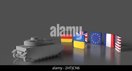 Force du char de guerre sur le conflit militaire Ukraine-Russie. L'Allemagne, la Grande-Bretagne, l'UE, la France et le pays américain 3D ont fait des drapeaux ensemble pour trouver une solution Banque D'Images