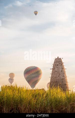 Tour de pigeon à ponte conique haut avec de nombreux trous situés sur un terrain herbeux avec des ballons d'air en Égypte le jour d'été Banque D'Images