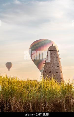 Tour de pigeon à ponte conique haut avec de nombreux trous situés sur un terrain herbeux avec des ballons d'air en Égypte le jour d'été Banque D'Images
