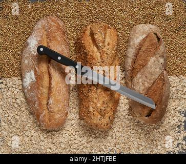 Vue de dessus de délicieux pains bruns fraîchement cuits avec un couteau placé sur le sarrasin cru et les grains d'avoine dans la cuisine légère Banque D'Images