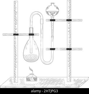 Esquisse d'une expérience et d'un équipement de laboratoire de physique ou de chimie. Flacons, béchers et tubes à essai en verre pharmaceutique Vector, anciens styles de gravure Illustration de Vecteur