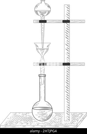 Esquisse d'une expérience et d'un équipement de laboratoire de physique ou de chimie. Flacons, béchers et tubes à essai en verre pharmaceutique Vector, anciens styles de gravure Illustration de Vecteur